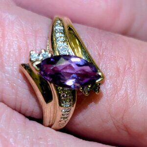 Amethyst Ring in 10 KT Gold with Diamonds Size 8